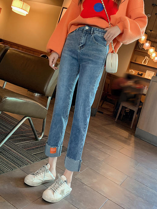 高腰翻边直筒九分牛仔裤秋季女修身显瘦2019新款毛边贴布铅笔裤子