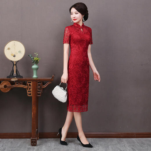 QQX-QX9118蕾丝中长款复古改良短袖旗袍 商品图1