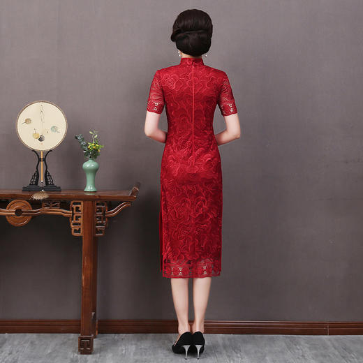 QQX-QX9118蕾丝中长款复古改良短袖旗袍 商品图3
