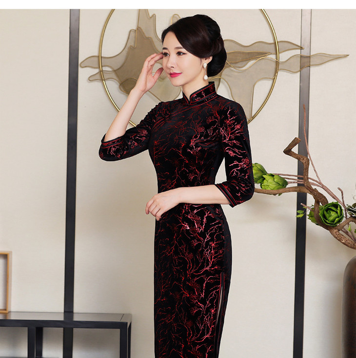 yce 1505-208大码金丝绒七分袖旗袍裙