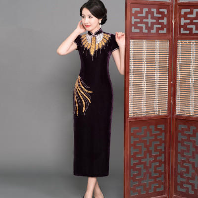 GY-SD059-060新款复古中老年旗袍金丝绒长款钉珠旗袍 商品图3