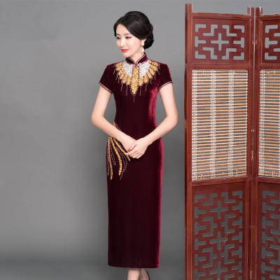 GY-SD059-060新款复古中老年旗袍金丝绒长款钉珠旗袍 商品图2