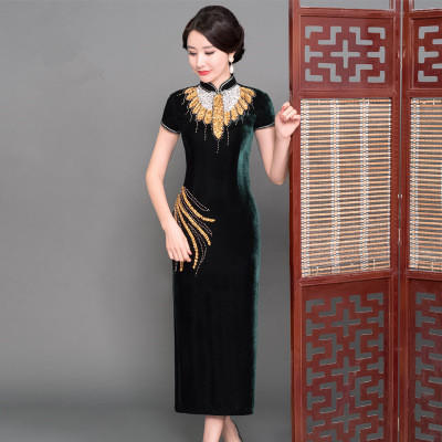 GY-SD059-060新款复古中老年旗袍金丝绒长款钉珠旗袍 商品图4
