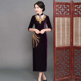 GY-SD059-060新款复古中老年旗袍金丝绒长款钉珠旗袍