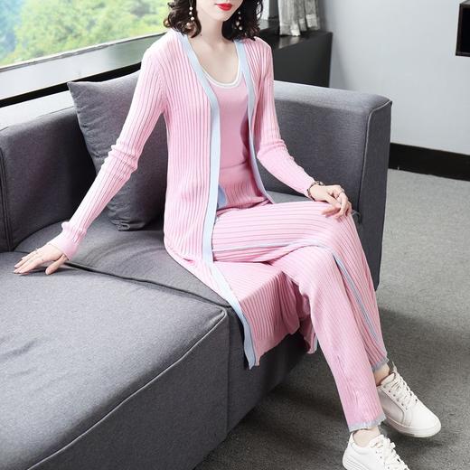 DES-2au194502秋冬新款撞色开衫长款外套小背心喇叭长裤针织三件套 商品图1