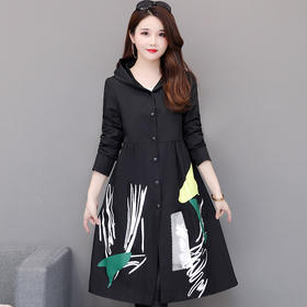 MZX-OS19YFME06韩版新款舒适面料印花减龄长袖单排暗扣连帽休闲风衣