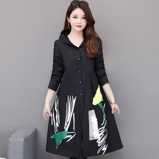 MZX-OS19YFME06韩版新款舒适面料印花减龄长袖单排暗扣连帽休闲风衣 商品图0