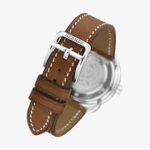 hermes爱马仕女式arceau白色表盘蓝色指针精钢外壳棕色小牛皮表带防