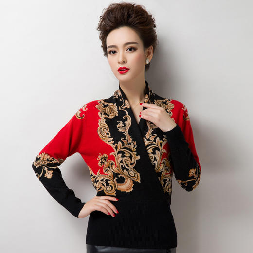长袖V领印花羊毛衫妈妈装打底衫WY-98578 商品图0