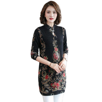 EEED6968F6羊毛衫印花旗袍长款毛衣裙女装 商品图0