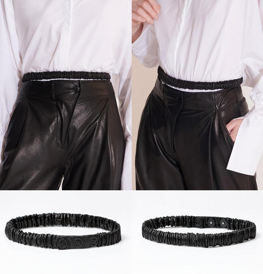 HIDEMI 百搭必备/黑色绵羊皮三粒扣腰带/可拉伸松紧弹力式 商品图12