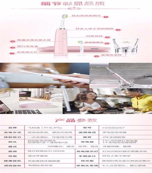 【精品推荐】PHILIPS/飞利浦 电动牙刷成人充电声波震动情侣牙刷钻石亮白型 HX9362/67奢宠粉钻JPY带授权招加盟代理 商品图6