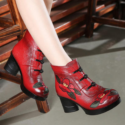 【半价购】ZY3698短靴手工真皮绣花圆头高跟文艺女靴 商品图2