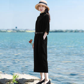 丁摩 进口金丝绒秋冬新款连衣裙真皮腰带优雅范茧型长裙晚礼袍子长裙19-165DB299240531