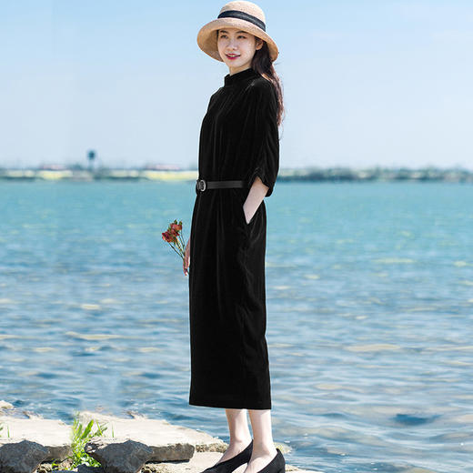 丁摩 进口金丝绒秋冬新款连衣裙真皮腰带优雅范茧型长裙晚礼袍子长裙19-165DB299240531 商品图0