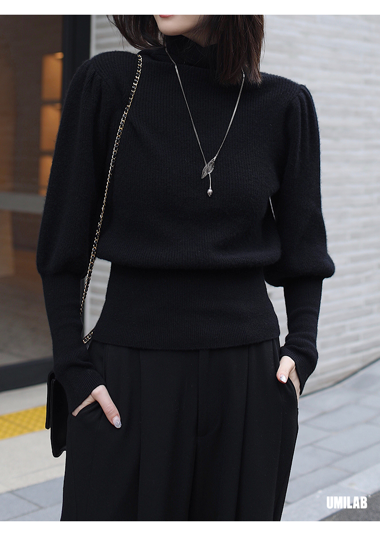 绵暖婴儿肌肤般的丝滑堆堆领全羊绒针织衫女秋冬黑色羊腿袖毛衣