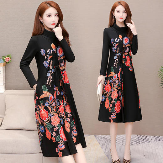 YWE-XQD-MB1956新款长袖大码高领印花连衣裙 商品图1