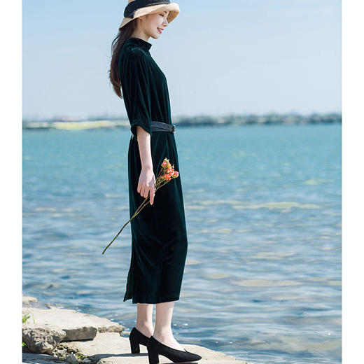 丁摩 进口金丝绒秋冬新款连衣裙真皮腰带优雅范茧型长裙晚礼袍子长裙19-165DB299240531 商品图7