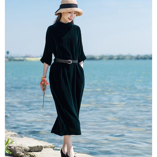 丁摩 进口金丝绒秋冬新款连衣裙真皮腰带优雅范茧型长裙晚礼袍子长裙19-165DB299240531 商品图6