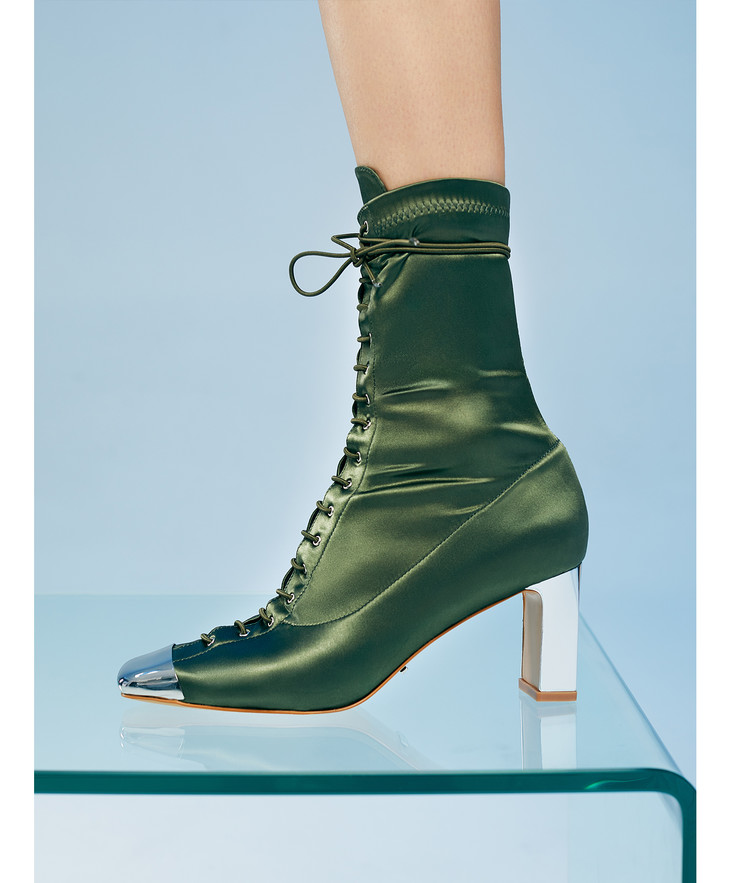 新年闪购lostinecho2020秋季弹力布绑带时尚短靴女靴军绿色金属方头