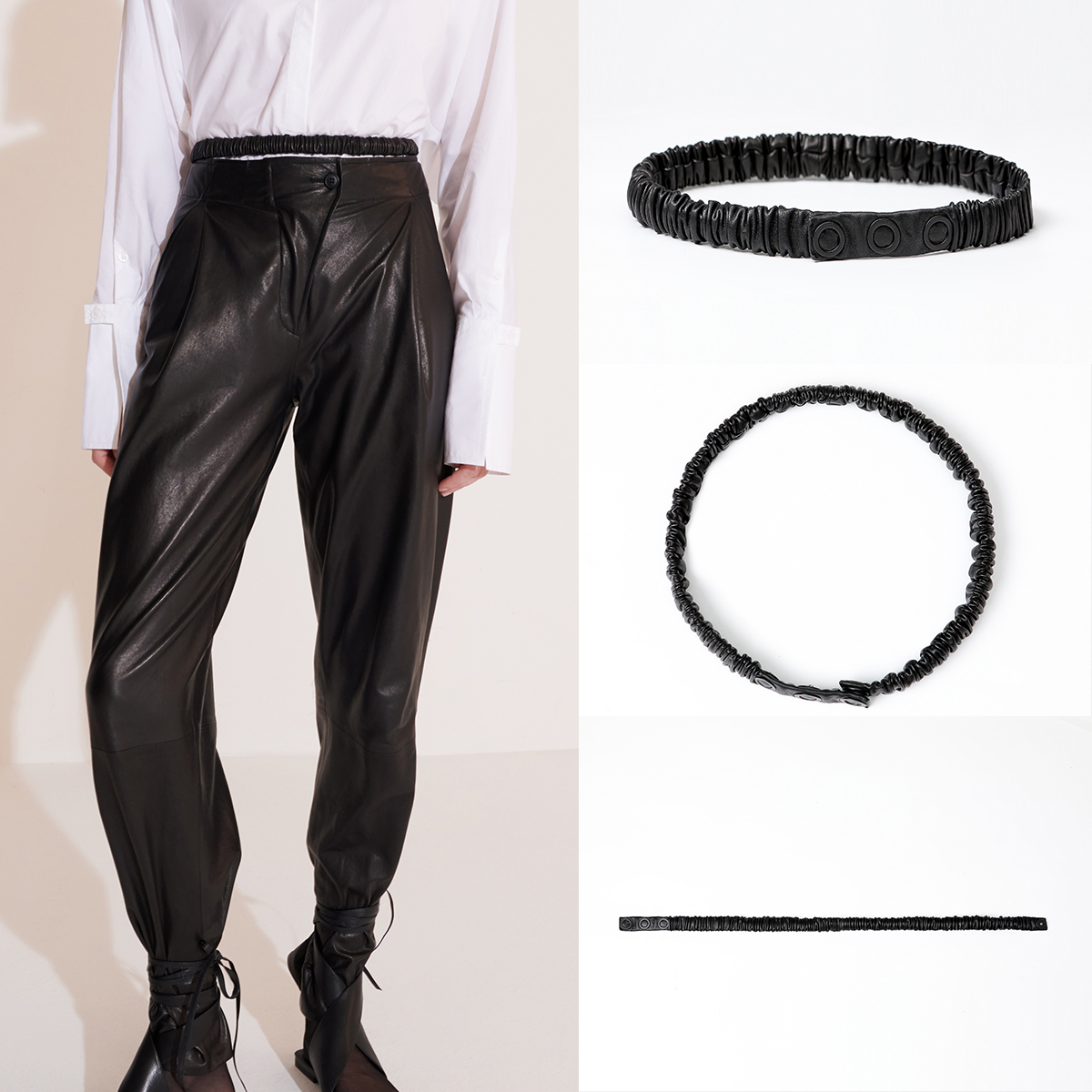 HIDEMI 百搭必备/黑色绵羊皮三粒扣腰带/可拉伸松紧弹力式