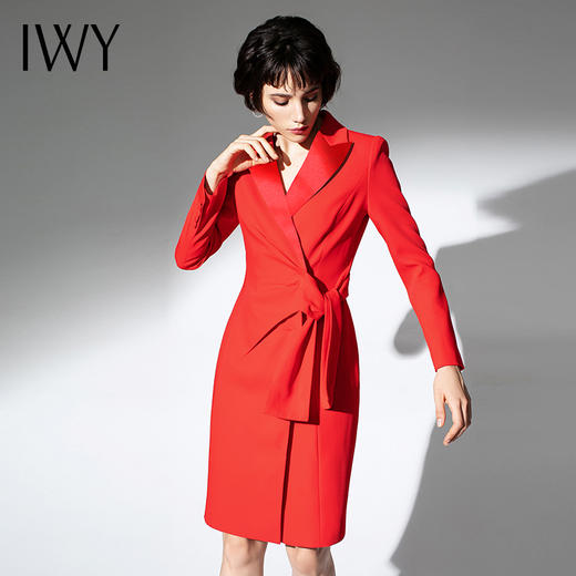 IWY/主持人同款新款气质红色正装连衣裙女长袖收腰A1194035Q1R7 商品图4