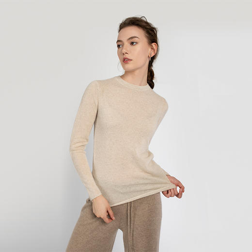 322工房无染色羊绒圆领长袖稀针套头衫白色针织衫毛衣女慵懒洋气 商品图0