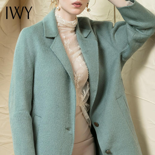 IWY/苏利羊驼羊绒毛呢大衣孔雀绿羊绒羊毛保暖外套W-18031A-G 商品图5