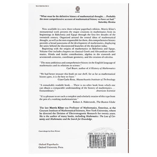 【中商原版】古今数学思想1 英文原版Mathematical Thought 1 Morris Kline Oxford University 商品图1