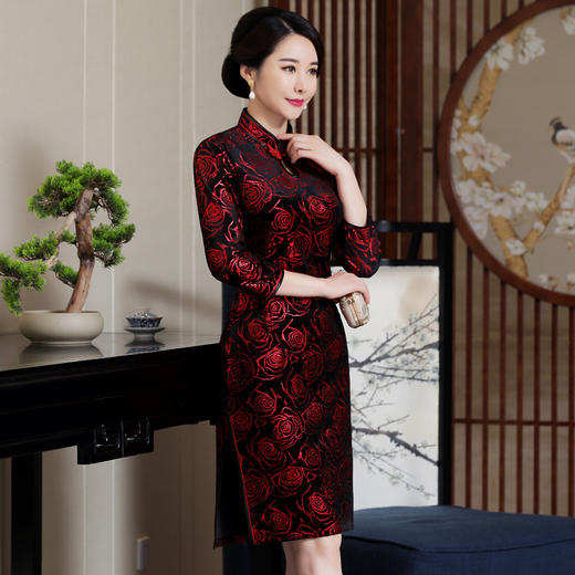 秋装新款高贵七分袖中长款喜婆婆婚礼服金丝绒旗袍(货号 rz203)