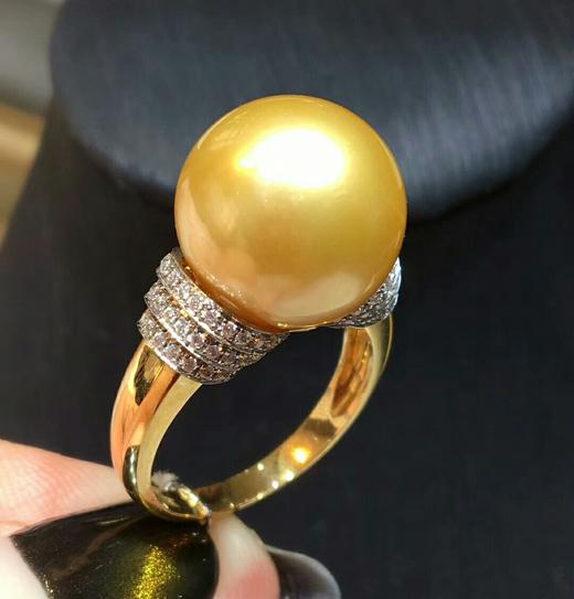 小奢华款!珠径:13-14mm南洋金珠戒指,18k 厚金镶钻!