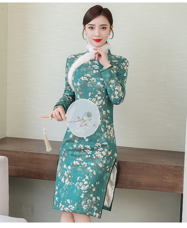 fmn-fs6695老上海改良中式旗袍加厚保暖女夹棉长款毛领【优】 - 伊人