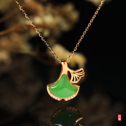 18K玫瑰金和田玉（碧玉）镶钻项链—银杏叶/叶面10*12mm/链长40+2cm/苹果绿 商品图0