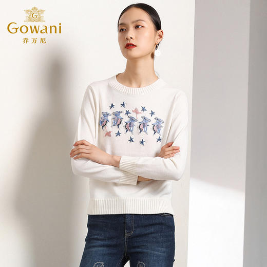 乔万尼秋装羊毛针织衫白色宽松贴布绣花外穿长袖上衣EN3M389 商品图1