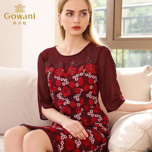 乔万尼秋装红装礼服刺绣花朵中袖连衣裙女中长EN3E367 商品图1