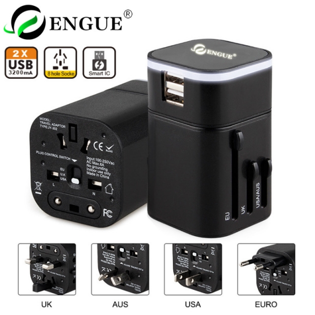【授权商品】恩谷ENGUE 双USB全球转换器（3A） EG-701 黑色JPY带授权招加盟代理