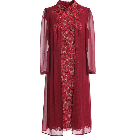 乔万尼秋装红装礼服刺绣花朵连衣裙中长款EN3E366 商品图4