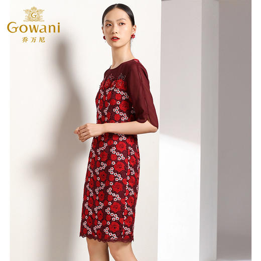 乔万尼秋装红装礼服刺绣花朵中袖连衣裙女中长EN3E367 商品图2