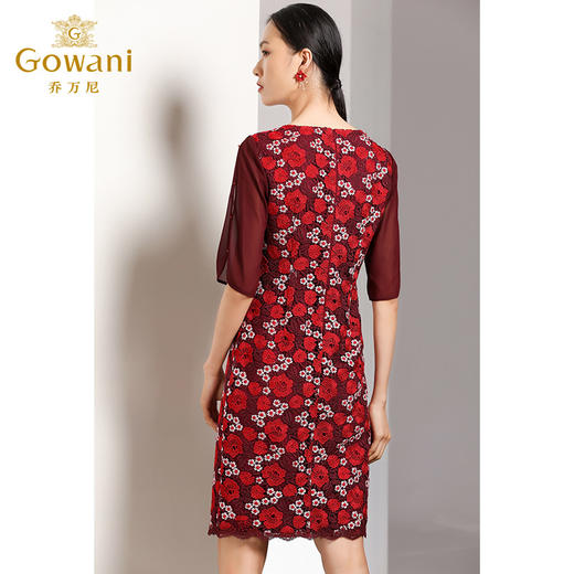 乔万尼秋装红装礼服刺绣花朵中袖连衣裙女中长EN3E367 商品图3