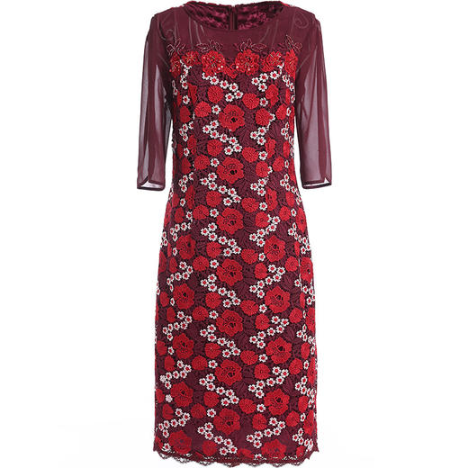 乔万尼秋装红装礼服刺绣花朵中袖连衣裙女中长EN3E367 商品图4