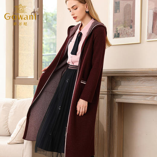 【两色可选】乔万尼秋装修身外搭连帽长袖羊毛针织衫开衫外套女中长款EN3M397 商品图1
