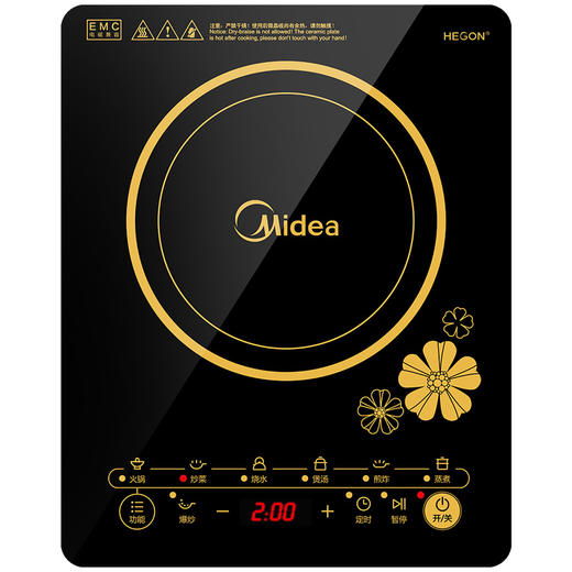 美的（Midea）电磁炉 触控按键 一键爆炒 电磁灶微晶面板 六大烹饪功能  定时功能 C21-RT2140（赠渗氮炒锅） 商品图1
