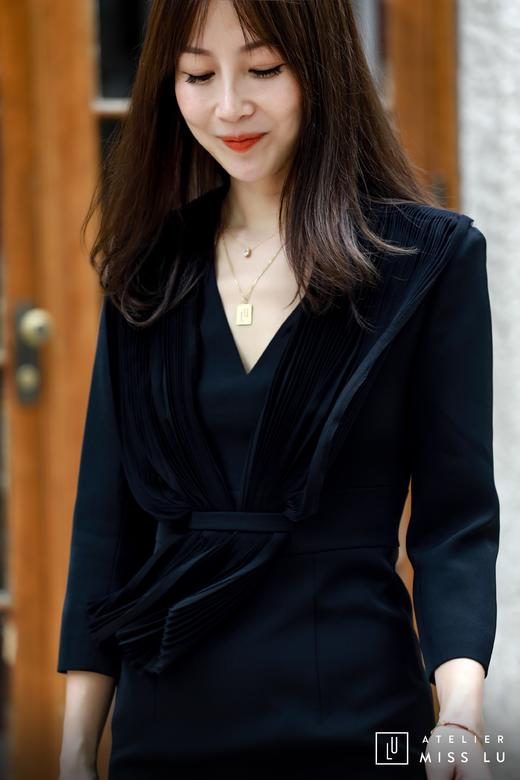 AtelierMissLu / Cicely-黑色两侧风琴褶装饰连身裙 商品图2