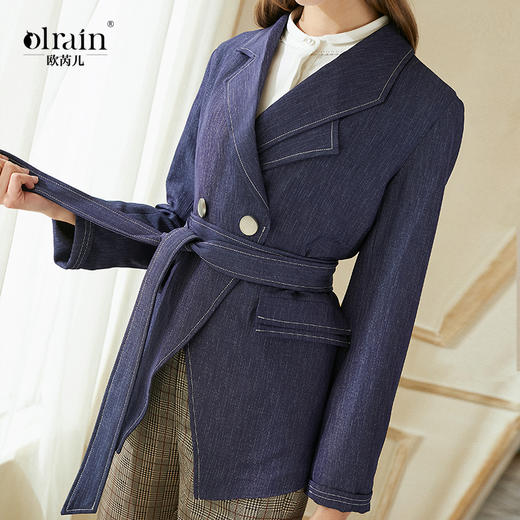 欧芮儿春装款女装收腰不规则翻领长袖外套女中长款春夹克 商品图2
