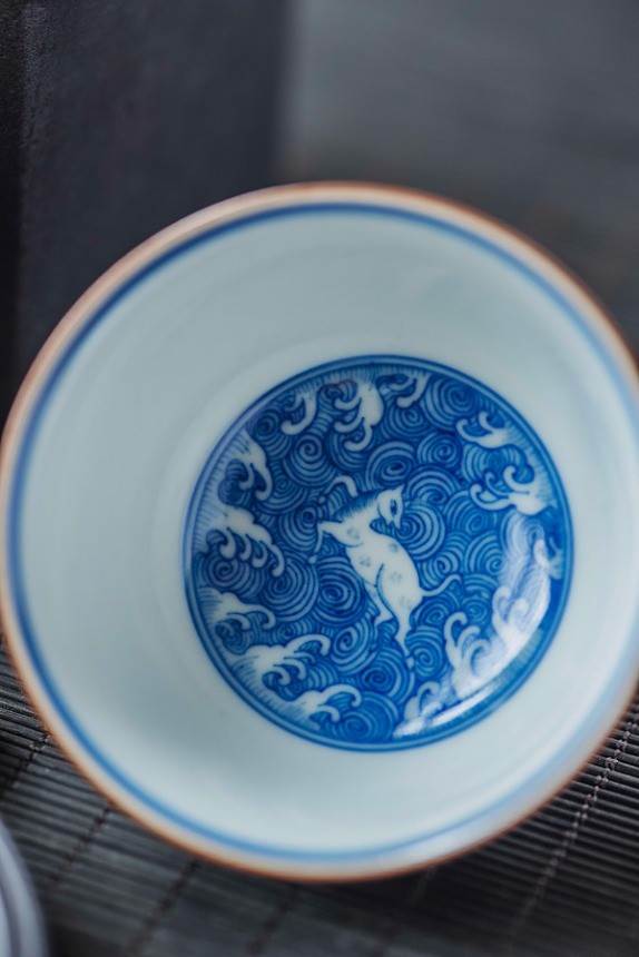 茶杯品茗杯陶瓷全手工霁蓝内画海水纹