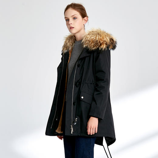 EITIE爱特爱女装冬新品时尚抽绳收腰兔毛内里貉子毛领派克服5893516 商品图0