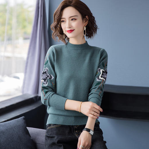 PY-38852       秋冬装新款时尚刺绣女士韩版宽松半高领打底针织毛衣套头 商品图2