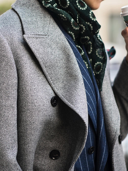 Stylbiella 羊绒羊毛灰色宽人字纹马球大衣 商品图6