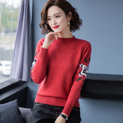 PY-38852       秋冬装新款时尚刺绣女士韩版宽松半高领打底针织毛衣套头 商品图0