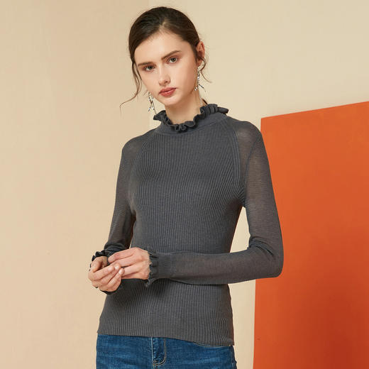 EITIE爱特爱女装秋冬新品时尚木耳领百搭纯色打底衫针织衫6001710 商品图2